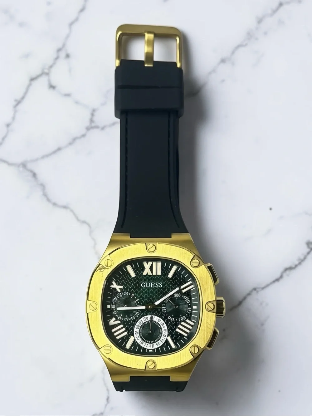 GUESS Gold Tone Case with Green Dial and Black Strap Watch